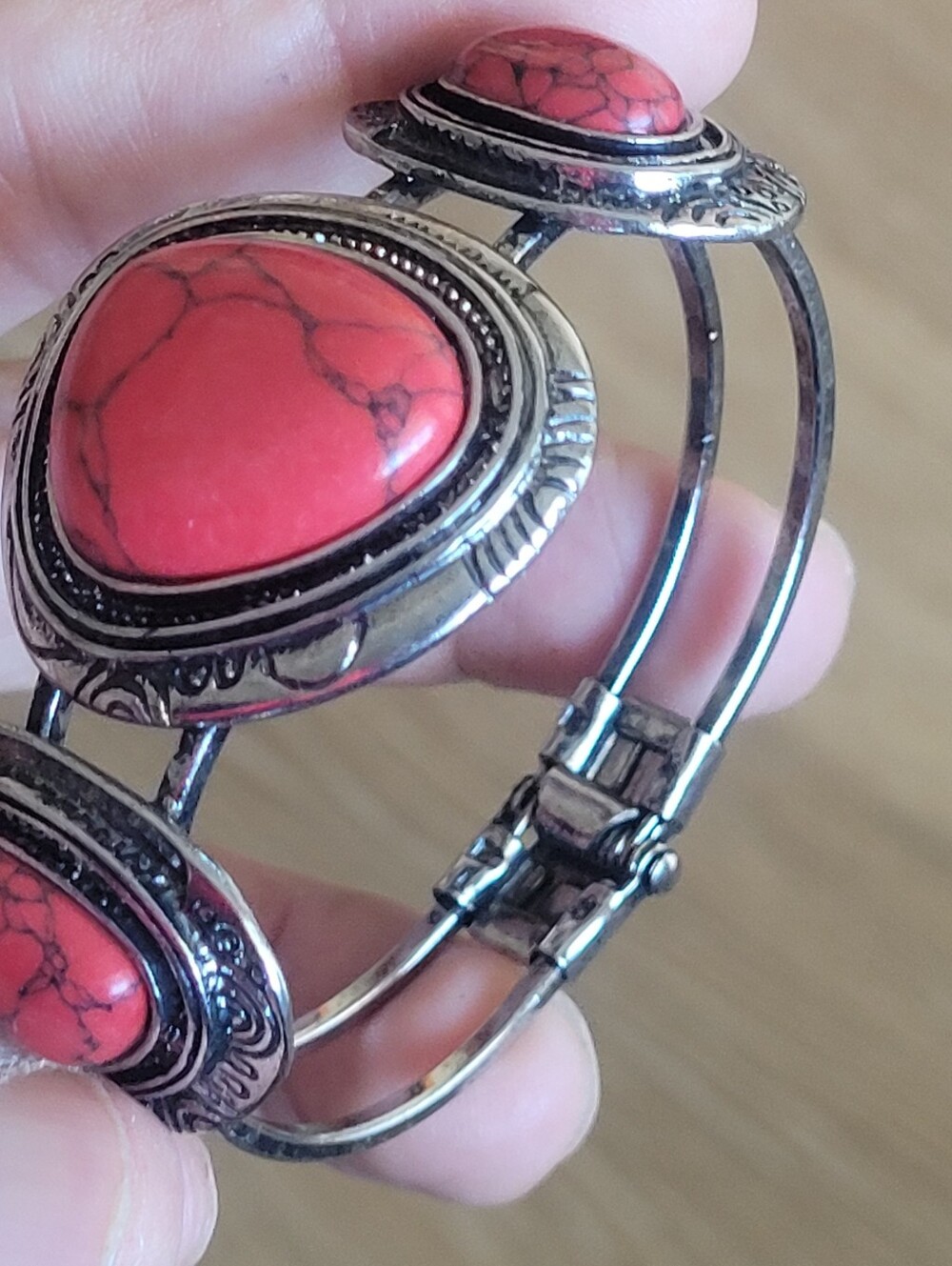 Silver-Tone Bracelet with Coral Red Stone Accents